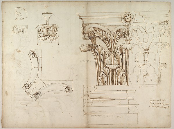 St. Peter's, Corinthian capital, elevation; base, elevation; volute, end elevation, profile, and view from below (recto) St. Peter's, Corinthian capital, acanthus leaf details and profiles of two cornice mouldings (verso)