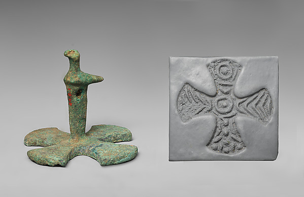 Stamp seal (maltese cross base with bird-shaped handle) with geometric design