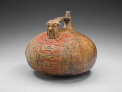 Strap-Handled Vessel in the Form of a Bird with Abstract Pattern on Body