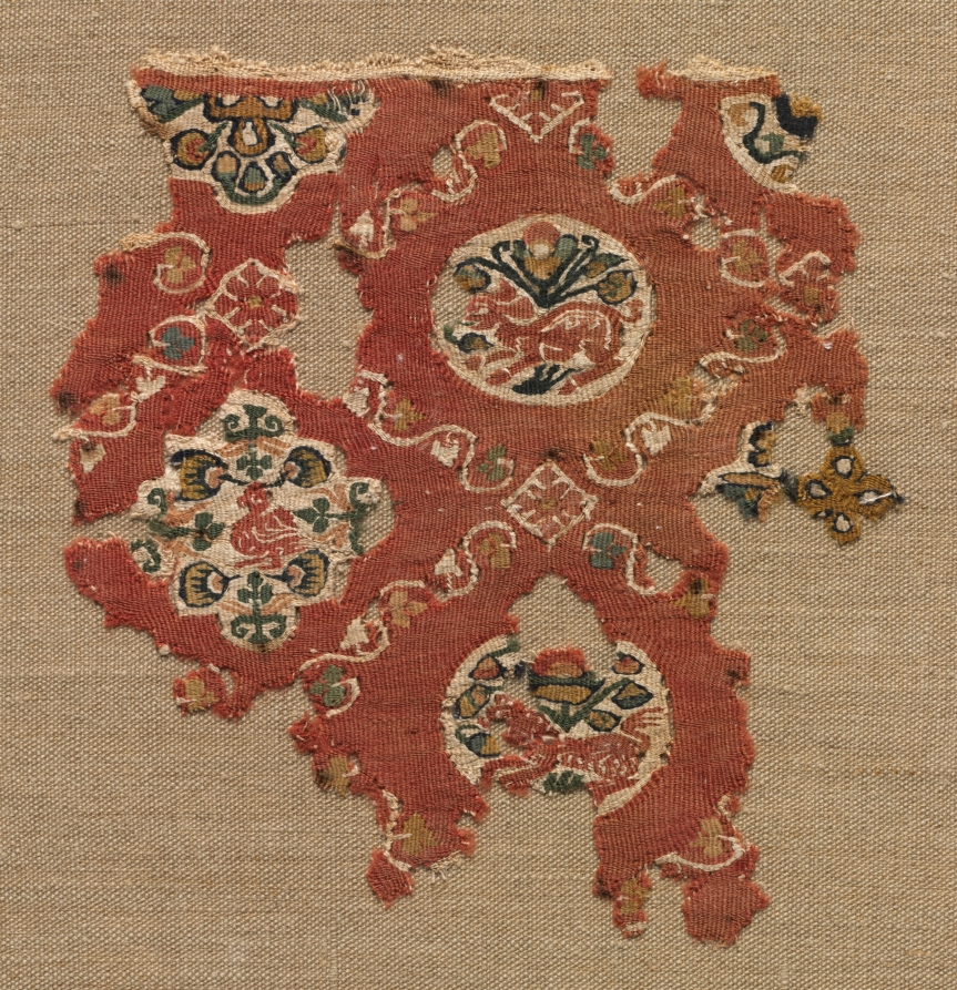 Tapestry with lattice of animals in medallions