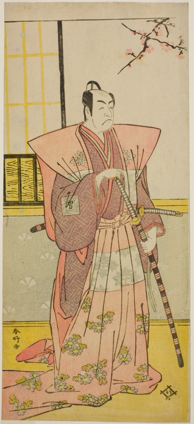 The Actor Ichikawa Omezo I as Koyurugi Motomenosuke (?) in the Play Haru no Nishiki Date-zome Soga (?), Performed at the Nakamura Theater (?) in the First Month, 1790 (?)