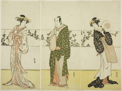 The Actors Osagawa Tsuneyo II (right), Ichikawa Monnosuke II (center), and Segawa Kikunojo III (left), Possibly as Misao Gozen, Matsuya Soshichi, and the Courtesan Kojoro of Hakata, in the Play Chiyo no Hajime Ondo no Seto (Beginnings of Eternity: The Ondo Straits in the Seto Insland Sea) (?), Performed at the Kiri Theater from the Twenty-seventh Day of te Seventh Month, 1785