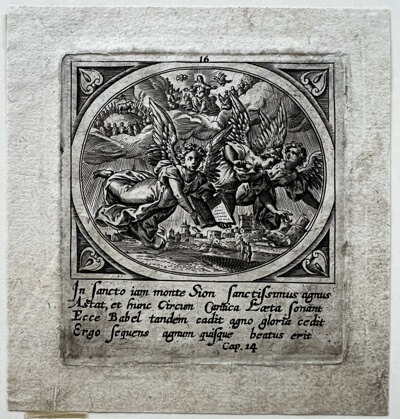 The Adoration of the Lamb on Mount Zion and the Fall of Babel, from Icones Revelationum... (The Revelations of St John)
