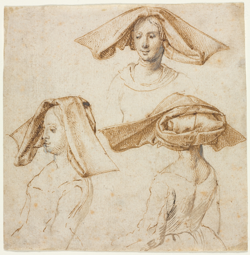 Three Studies of a Woman Wearing an Elaborate Headdress