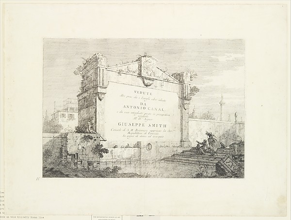 Title page with a large wall of a classical ruin, with a figure seated at right pointing to the dedication, from "Views" (Vedute altre prese da i luoghi altre ideate da Antonio Canal)