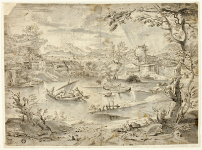 View of City with Fishing Boat in Foreground