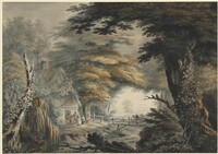 Wooded Landscape with Figures outside a Cottage