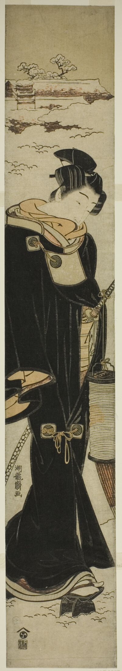 Young Man with a Lantern Walking in Snow